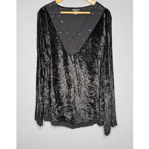 VTG Passport Plus Black Velvet Y2K Tunic Blouse Size: 3X 100% Rayon - Picture 2 of 4